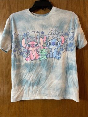 Juniors XL Tie-Dye Disney Stitch and Angel Graphic Tee - Blue & Pink